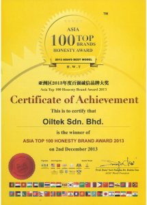 Asia Top 100 Honesty Brand Award 2013 - Certificate of Achievement